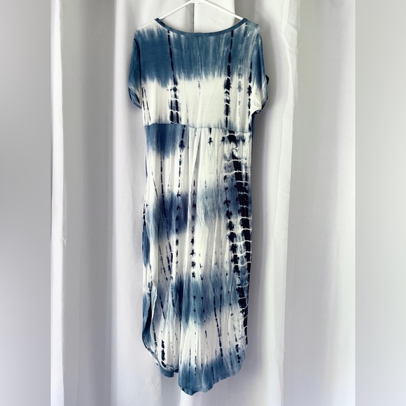 Maxi Dress Tie-Dye Short Sleeved Blue White Women’s Size XS | Pockets V-neck - Picture 2 of 8